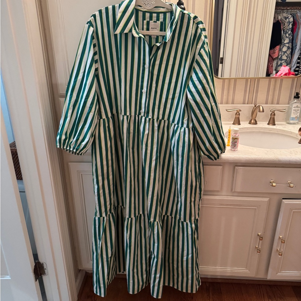 Maeve Green and White Striped Bettina dress anthropology